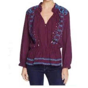 Piper by Townsen Women's Plum Embroidered Embellished Peasant Top Size L #1147